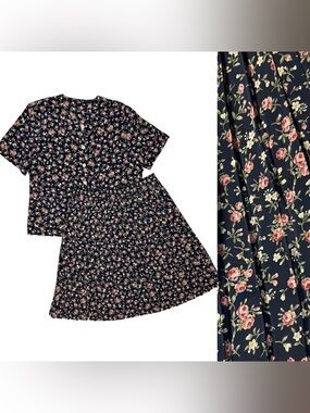 Vtg St Michael Set Pleated Skirt & Short Sleeve Button Top Lightweight Floral L*